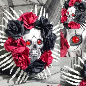 Ghirlanda di teschio di Halloween Ghirlanda gotica Decorazione raccapricciante per la porta d'ingresso di casa e la finestra Decorazione fatta a mano per l'atmosfera della finestra della parete 1