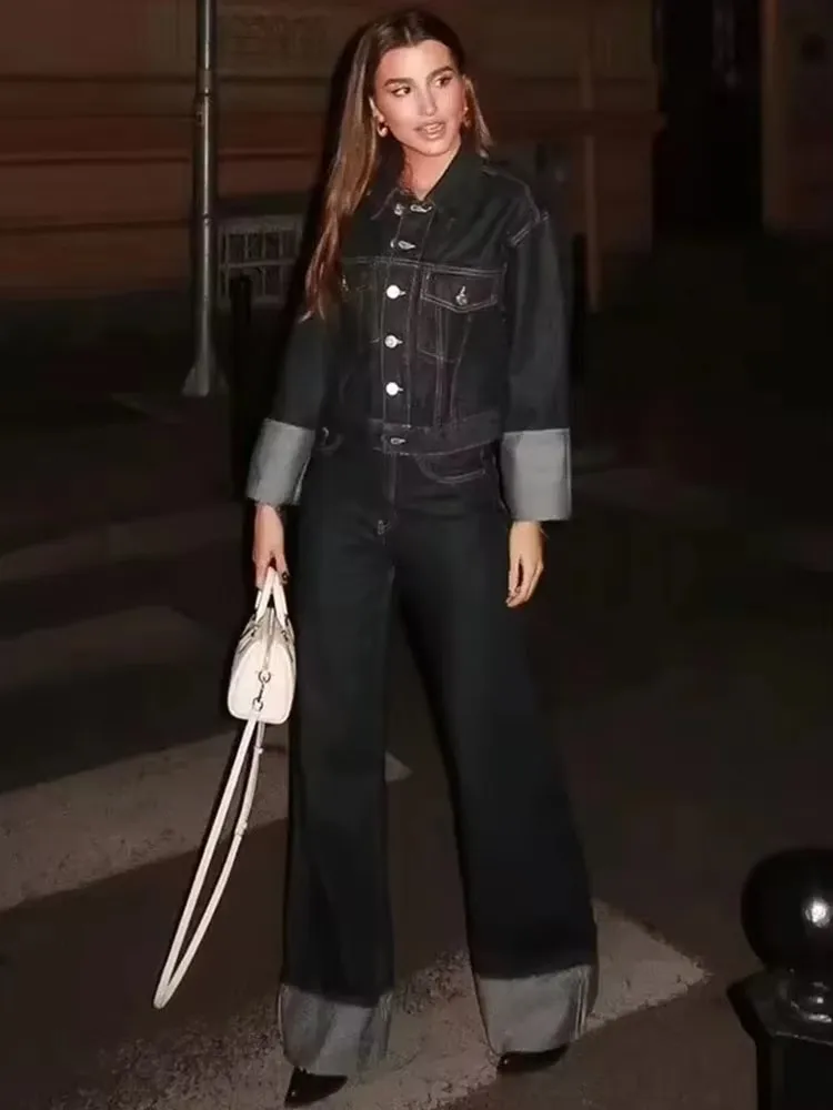 HH Set di pantaloni da giacca di jeans vintage da donna Cappotto monopetto con risvolto a maniche lunghe Pantaloni a gamba larga Jeans Abiti da strada 4