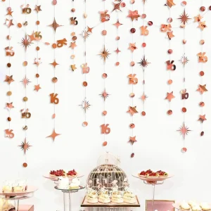 Oro rosa numero 16 Circle Dot Twinkle Star Garland Hanging Banner decorazioni per fondali per ragazza 16th Birthday Anniversary Party 1