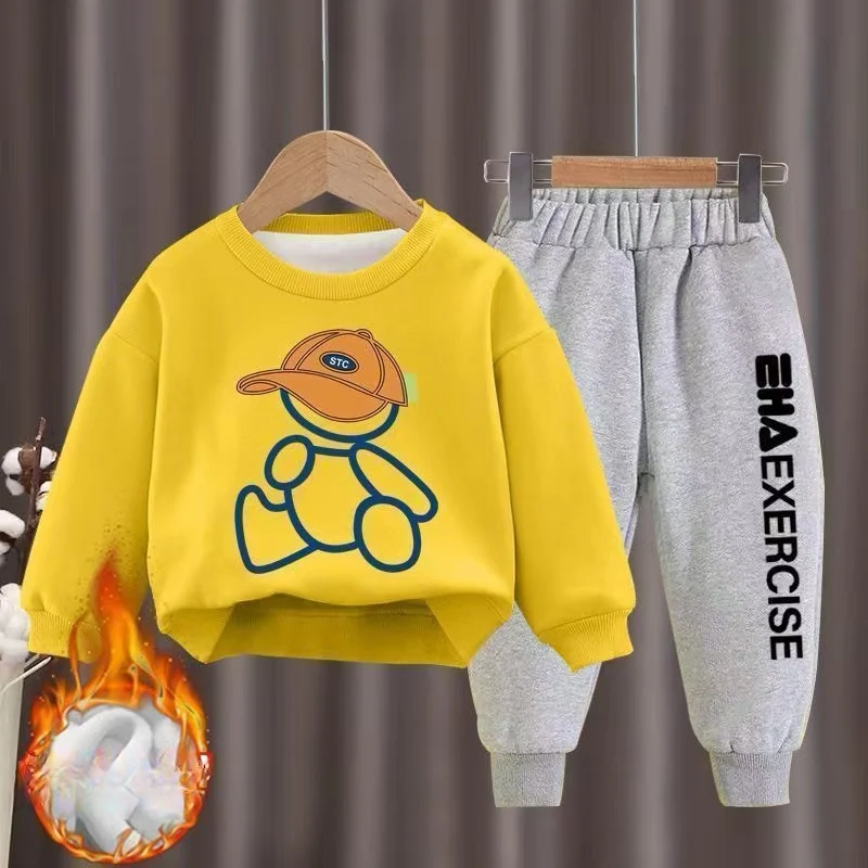 Abbigliamento per bambini ragazzi e ragazze autunno foderato in pile Top e pantaloni 2 pezzi set adolescente ragazzo e ragazza inverno cartone animato orso tuta Outfit 4