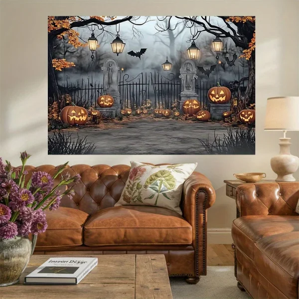 1 banner per feste di Halloween: tomba fantasma e lanterna di zucca, trail della foresta nebbiosa, decorazione di Halloween per interni ed esterni 4