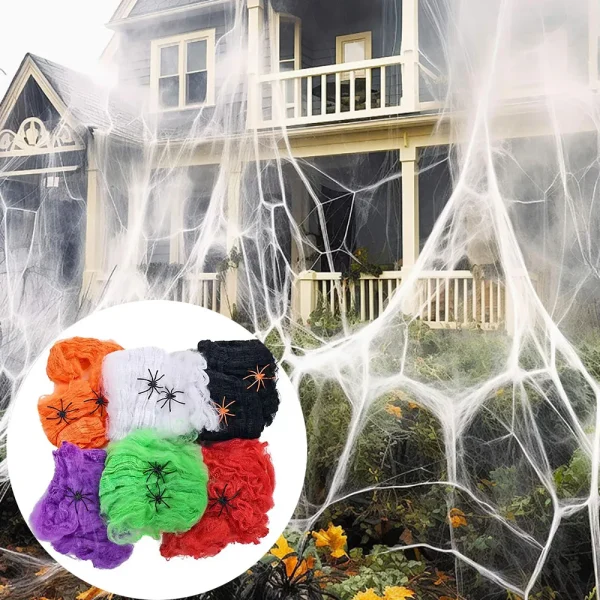 Decorazione di Halloween Ragnatela, Ragnatela artificiale, Ragnatela elastica con ragno, Decorazioni per la casa della casa stregata gotica horror 1