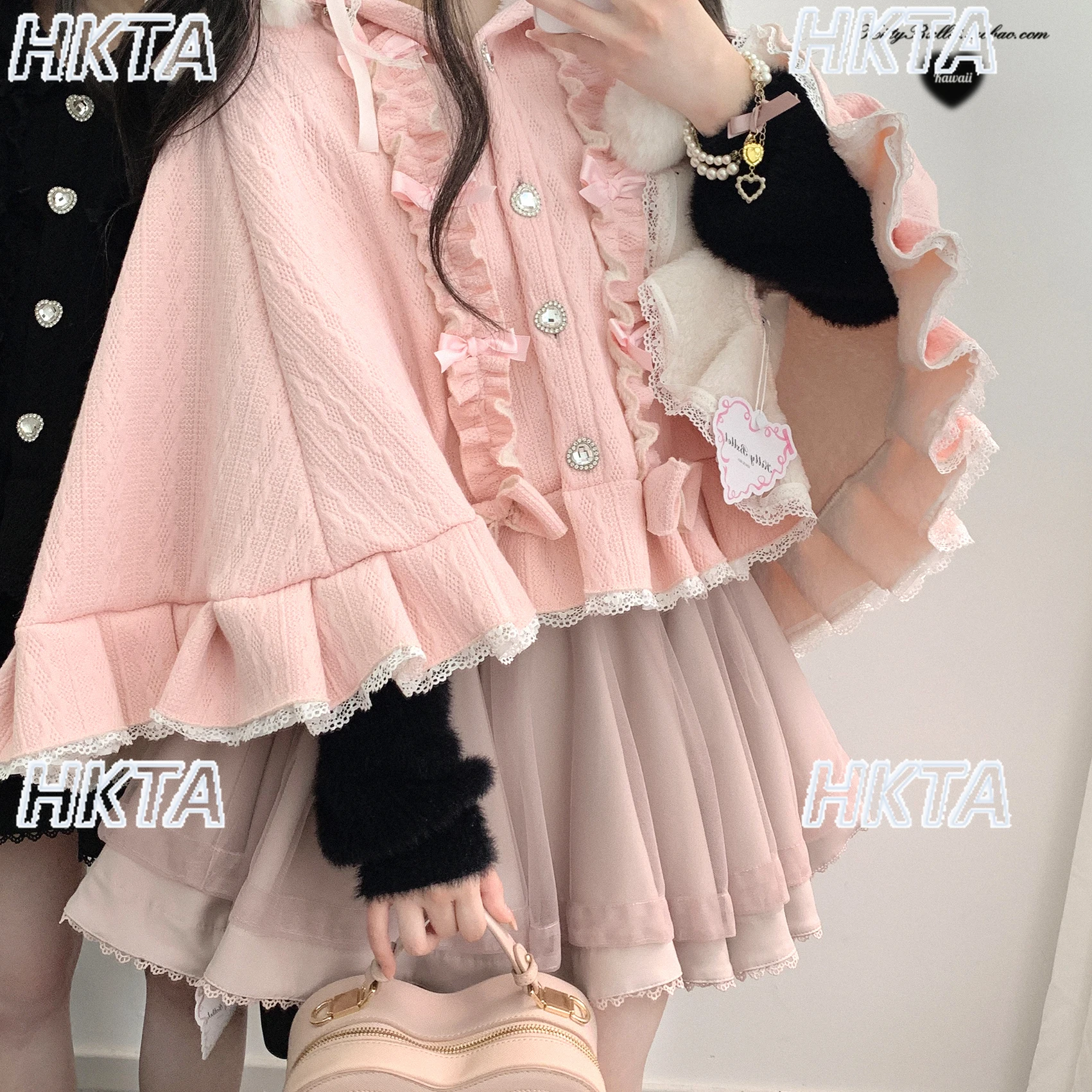 Cappotto scialle a mantella in stile giapponese originale donna 2025 autunno inverno nuovo scialle con giacca lavorata a maglia calda foderata in pile con foro di diamante 6