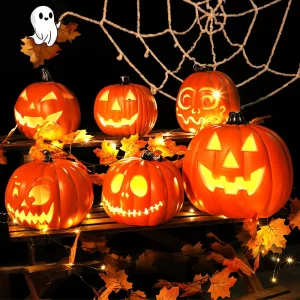 Luci di zucca di Halloween Jack O Lanterna a batteria Vintage illuminata Lanterna di zucca Decorazione della tavola di casa stregata 1