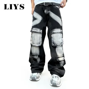 Jeans da lavoro a gamba dritta neri da uomo autunno inverno 2025 con tasche multiple Pantaloni in denim maschile con inchiostro spruzzato stile High Street 1