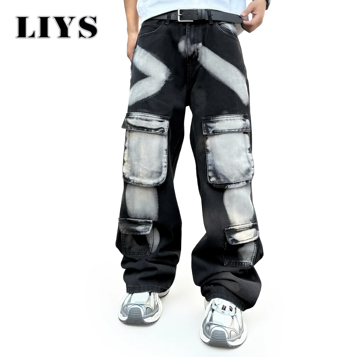 Jeans da lavoro a gamba dritta neri da uomo autunno inverno 2025 con tasche multiple Pantaloni in denim maschile con inchiostro spruzzato stile High Street 1