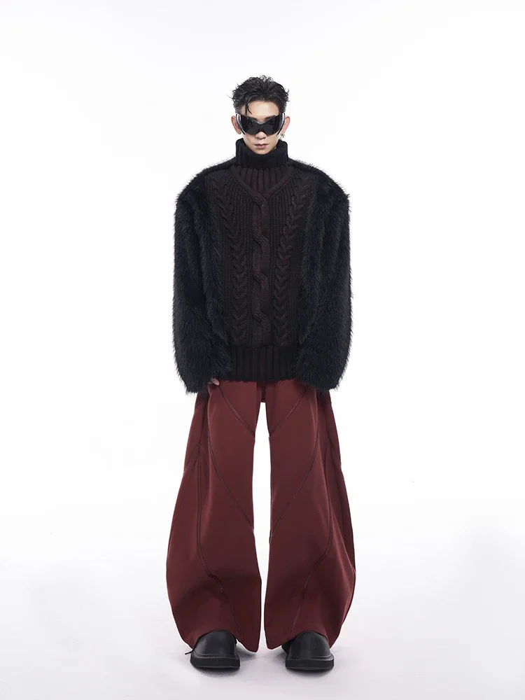 Maglieria da uomo autunno inverno 2024 velluto interno ispessito maglione lavorato a maglia a maniche lunghe con giunture in pelliccia maglioni pullover a collo alto 3