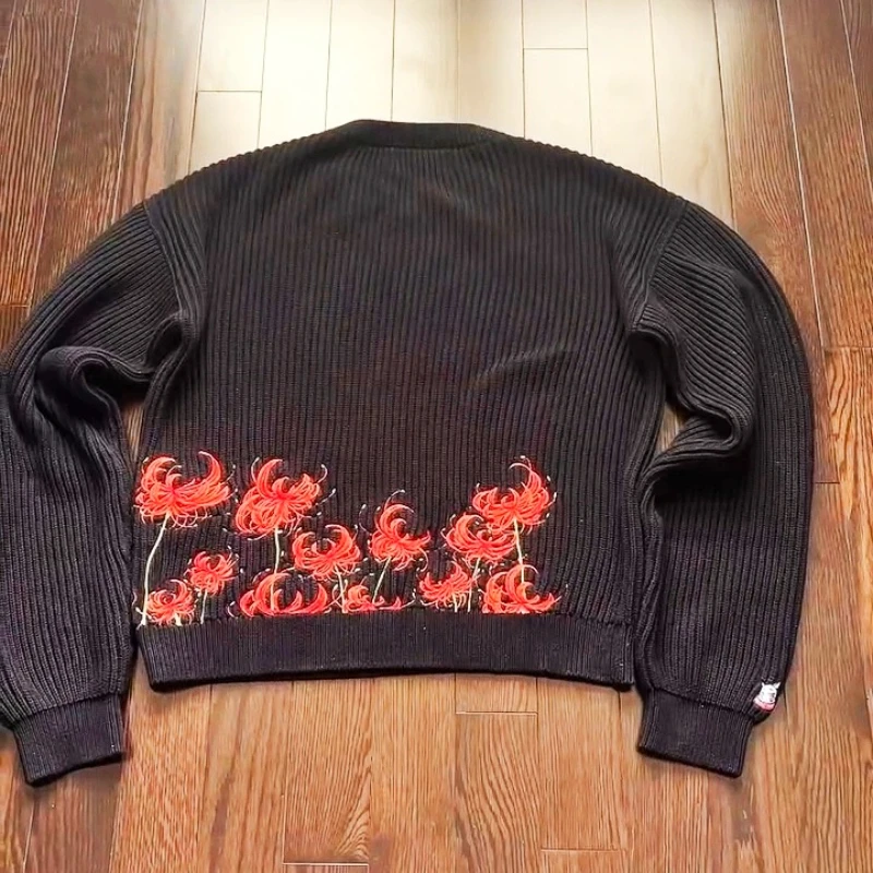 Y2K Retro Fiore Maglione lavorato a maglia Modello ricamato Spider Lily Autunno Inverno Pullover Trendy Hip Hop Harajuku Abbigliamento unisex 2