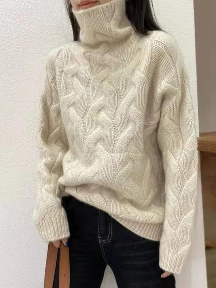 Maglione da donna in puro cashmere a collo alto, sciolto, spesso, con fondo intrecciato, stile europeo, maglieria calda invernale, 100% cashmere 5