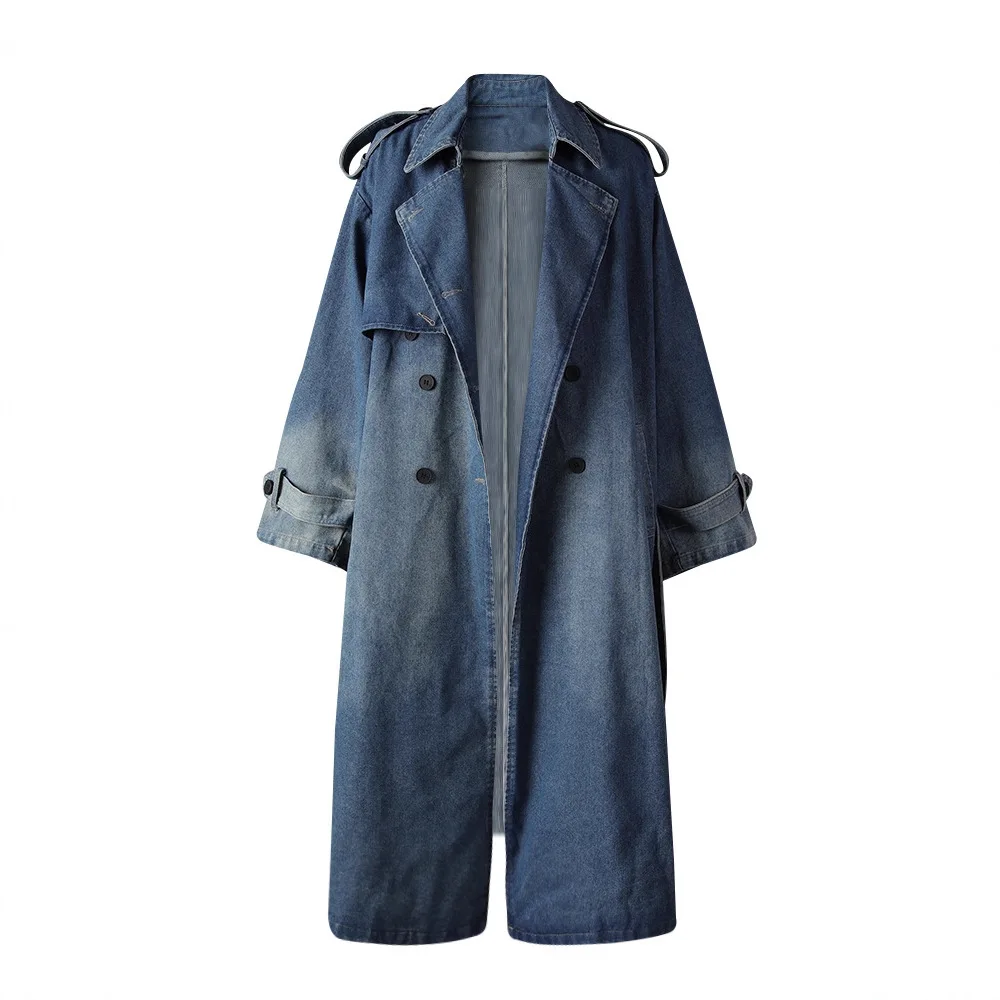 SuperAen 2025 Autunno e Inverno Nuovo Trench di jeans impiombato per le donne Cappotti lunghi casual oversize blu retrò allentati 5