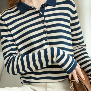 Camicia base con colletto polo a righe in puro cotone 100% 2025 T-shirt semplice a maniche lunghe nuovo stile maglione lavorato a maglia con risvolto 1