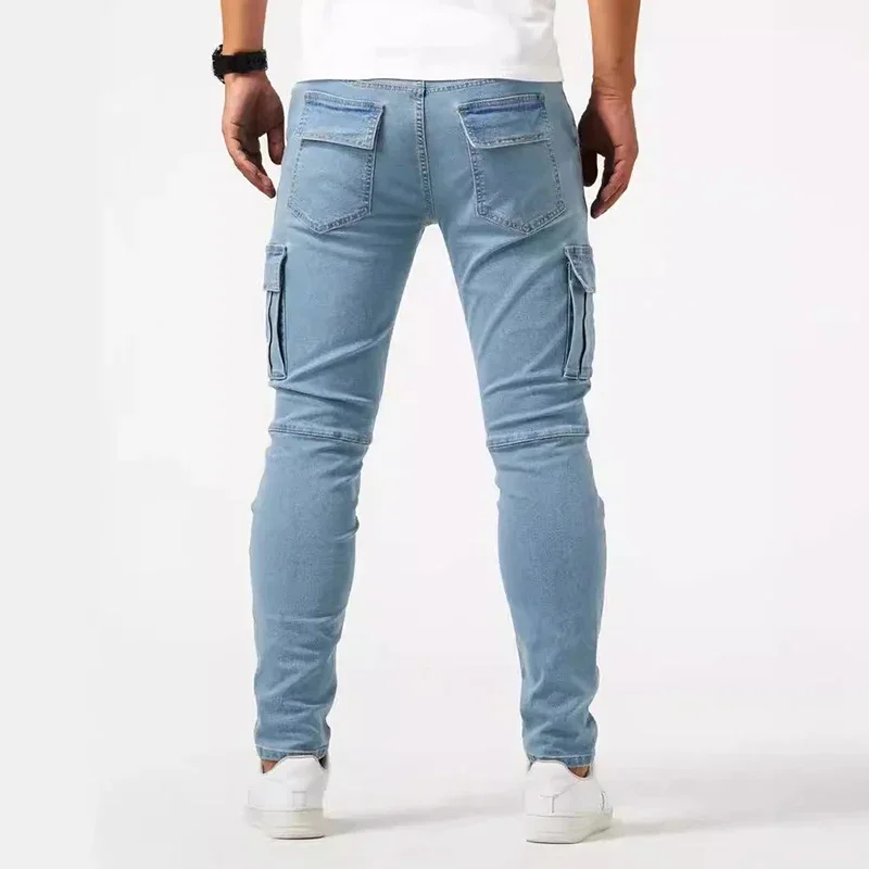 Jeans casual da uomo a matita Pantaloni multitasche elastici da uomo piccoli e sottili da strada Jeans cargo a vita media in tinta unita lavati 5