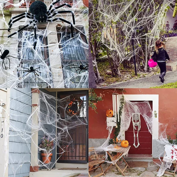 Decorazione di Halloween Ragnatela, Ragnatela artificiale, Ragnatela elastica con ragno, Decorazioni per la casa della casa stregata gotica horror 3