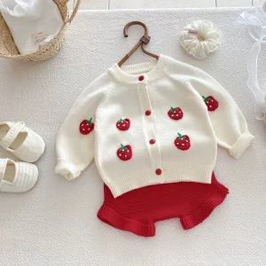 2025 autunno maglia infantile neonate insieme dei vestiti ricamato fragola lavorato a maglia cardigan + pantaloncini bambino neonata vestiti vestito 1