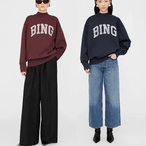 Felpa con cappuccio da donna allentata a collo alto in pile interno con stampa classica lettera BING di nicchia nordamericana invernale 1