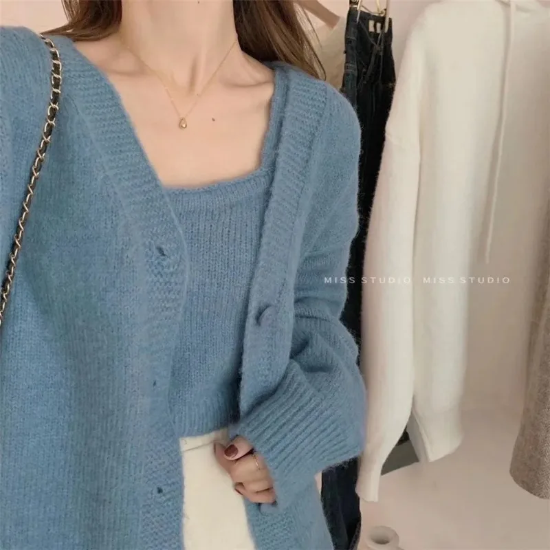Cardigan con scollo a V a maniche lunghe e gilet lavorato a maglia, moda autunno inverno donna set da 2 pezzi lavorato a maglia tinta unita abiti casual eleganti 5