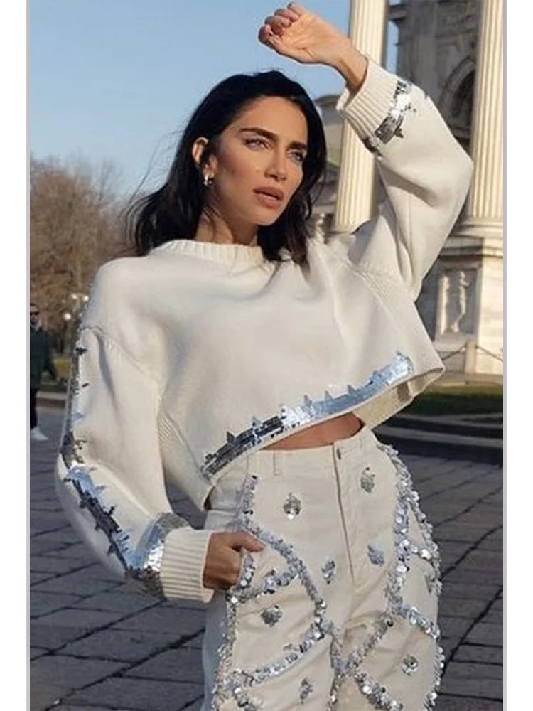 Maglione lavorato a maglia con paillettes tinta unita da donna Pantaloni da donna lavorati a maglia con paillettes alla moda corti casual retrò pullover con paillettes 2