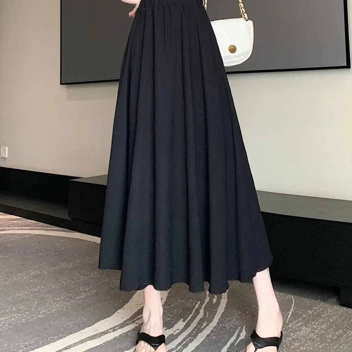 Gonna longuette in cotone di lino di fascia alta Donna Estate Nuova gonna maxi ampia e sottile a linea in fibra di poliestere di lunghezza completa del corpo di colore beige 4