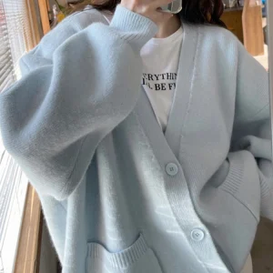 CJFHJE Beige tasche maglione lavorato a maglia cappotti donna allentato monopetto con scollo a v Cardigan viola donna autunno Casual Cardigan rosso 1