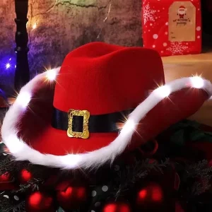 Moda Babbo Natale Festa Natale Cappello da cowboy luminoso Cappelli in feltro rosso occidentale Cappello da cowgirl a tesa larga Cappello da jazz per donna Uomo 1