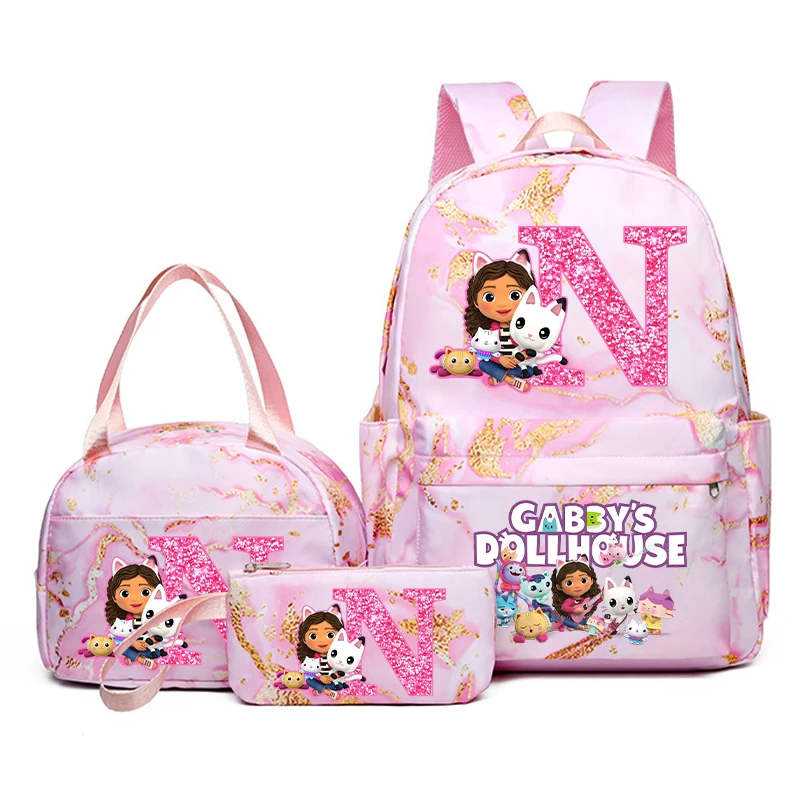 3 pezzi Gabby Dollhouses Zaino per bambini Astuccio per matite Borsa da scuola per lettere di cartoni animati Kawaii Zaino per ragazze di grande capacità Regali di compleanno 6