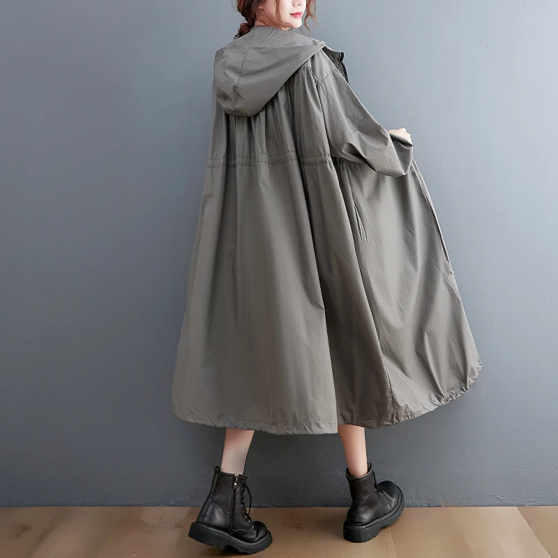 2024 autunno inverno Trench lungo con cappuccio oversize per abbigliamento donna moda coulisse nero Casual allentato capispalla Cardigan 2