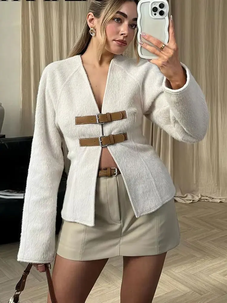 HH Cappotto di lana con fibbia in pelle retrò Moda donna Solido scollo a V Manica lunga Giacca beige Autunno Primavera Chic Streetwear femminile 5