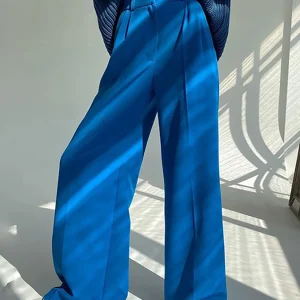 Clacive Pantaloni da donna da ufficio blu 2021 Pantaloni da donna larghi a figura intera alla moda Pantaloni larghi a vita alta casual per le donne 1