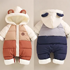 Inverno Nuovo Pagliaccetti Del Bambino Delle Ragazze Dei Ragazzi Patchwork di Spessore Più Tute di Velluto Antivento Con Cappuccio Tuta Snowsuit One Piece Body 1