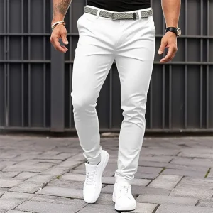 Pantaloni slim fit da uomo in tinta unita con tasche frontali e cerniere per abbigliamento casual da lavoro con pantaloni con fondo affusolato da uomo 1