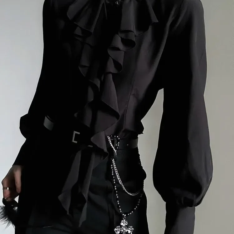 Harajuku Vintage Camicia con fondo nero Donna Colletto alla coreana Ruffles Camicette slim fit 2025 Nuova manica lunga Blusas De Mujer 2