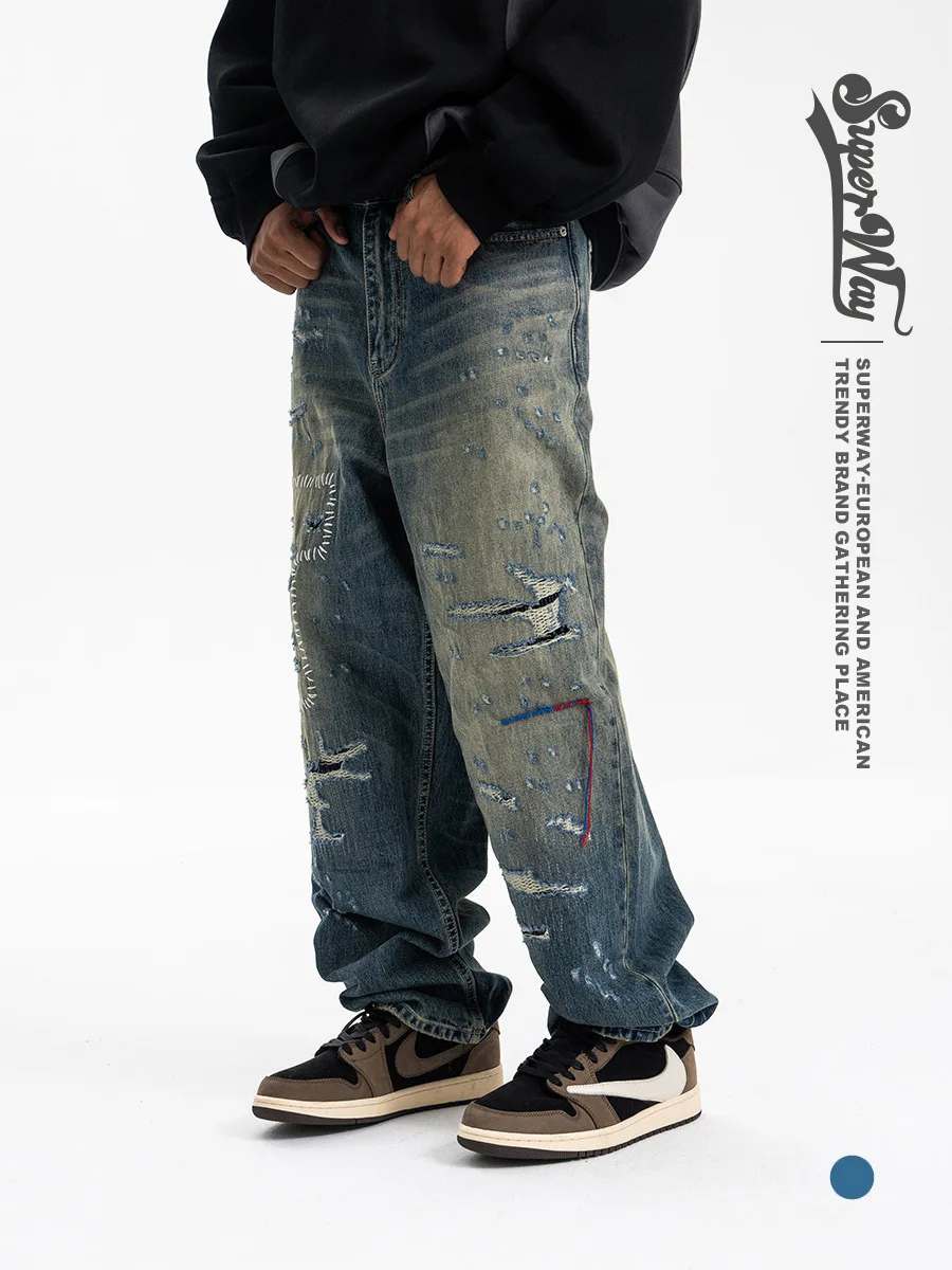 2025 Autunno/Inverno nuovi pantaloni casual realizzati pesanti di marca alla moda, jeans da uomo a gamba larga da cowshed 4