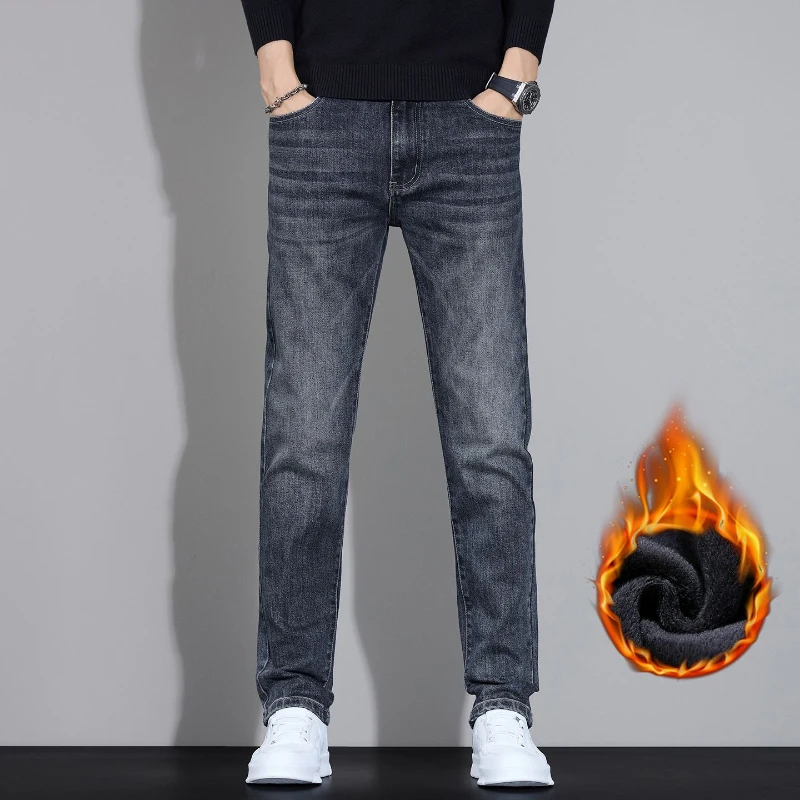 Jeans in velluto spesso in pile invernale da uomo Pantaloni americani slim fit caldi elastici Pantaloni casual semplici in denim alla moda comodi 4