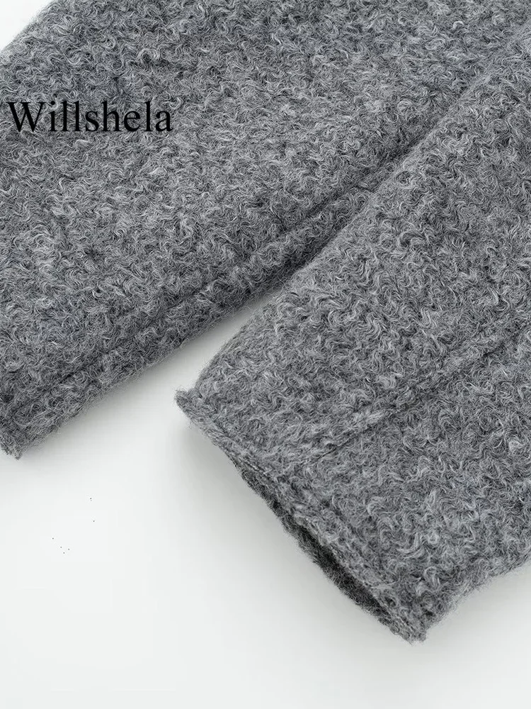 Willshela Moda donna con tasche Giacche grigie con cerniera frontale Vintage bavero collo maniche lunghe abiti da donna chic femminili 5