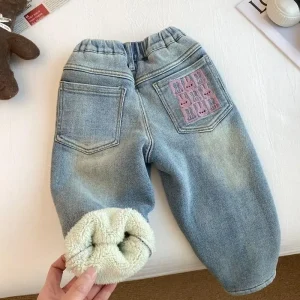 Jeans foderati in pile per bambini con ricami di coniglio - Pantaloni in denim ispessito invernale per jeans blu per ragazzi e ragazze 1