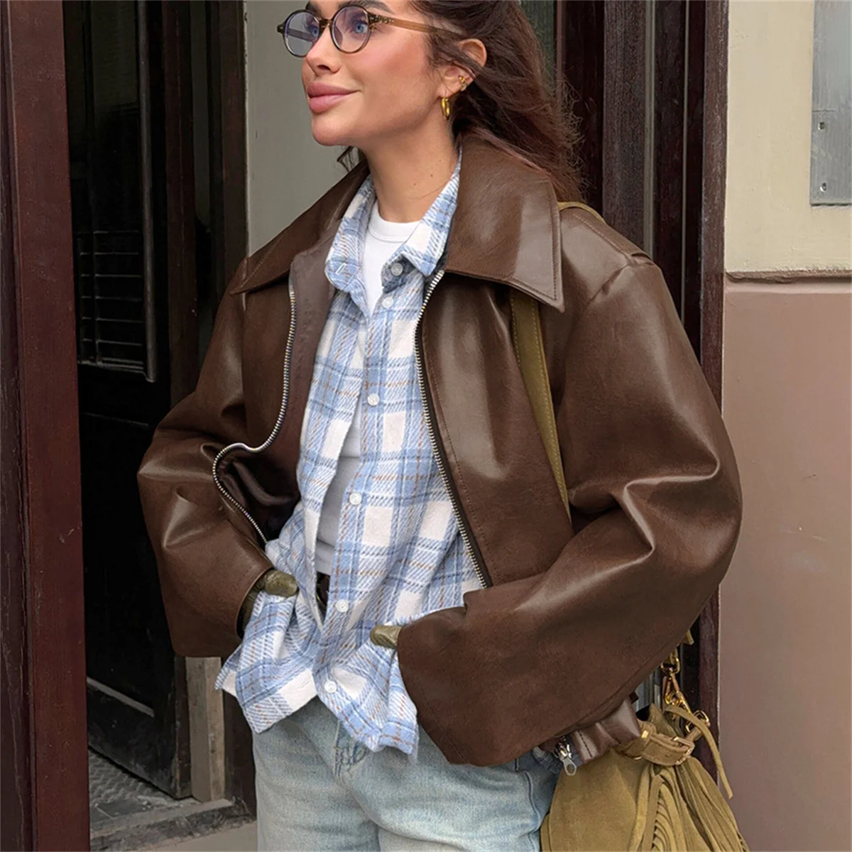 Donna Vintage Vino Rosso Ecopelle Jakcet Moda Tuta Sportiva Cerniera Risvolto Pu Cappotti Autunno Inverno Streetwear Donna Top corti 2