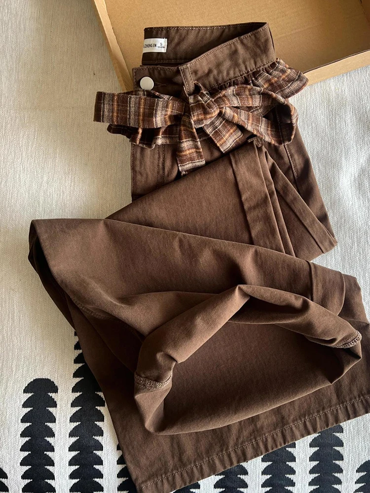 Jeans patchwork con fiocco vintage donna streetwear pantaloni in denim scozzesi larghi a vita alta Y2K pantaloni a gamba larga con cerniera coreana retrò nuovo 5