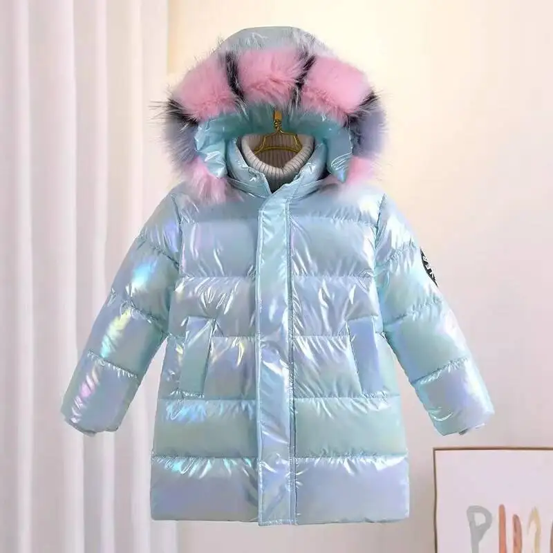 Inverno Ragazze Lucido Con Cappuccio Piumino Collo di Pelliccia Cappotto Antivento Adolescente Tuta Sportiva Per Bambini Parka Snowsuit Abbigliamento Nuovo 5-14 Anni 4