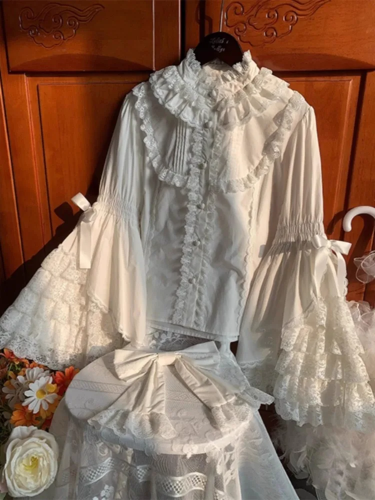 Ragazza giapponese Kawaii Dolce e carino Lolita Camicia a maniche svasate Autunno Y2k Estetica Patchwork di pizzo Camicetta Top Donna JK Blusas allentate 2