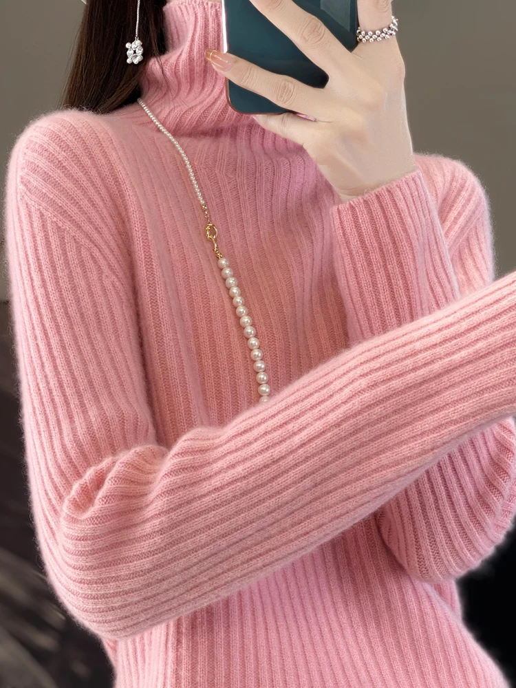 Autunno Inverno Donna 100% lana merino maglione dolcevita a righe pullover lavorato a maglia casual manica lunga spessa cashmere abbigliamento top 5