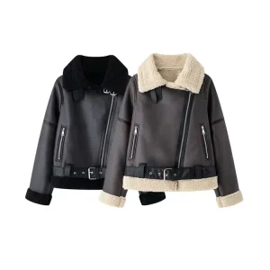 Giacca da donna in pelle scamosciata calda e spessa con cintura, cappotti a maniche lunghe, tosatura finta, capispalla femminile, top chic, moda invernale 1