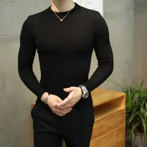 Nuovo autunno inverno uomo moda coreana collo mezzo alto maglione lavorato a maglia a costine uomo solido manica lunga slim fit pullover basic top 1