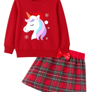 Set da ragazza natalizia con stampa unicorno, felpa rossa con collo rotondo e gonna scozzese, set casual autunnale e invernale per esterni 1