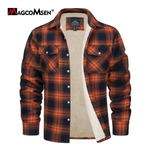 MAGCOMSEN Giacca da camicia in flanella scozzese in pile da uomo con bottoni Giacca in cotone casual Addensare caldo cappotto da lavoro primaverile Capispalla Sherpa 1