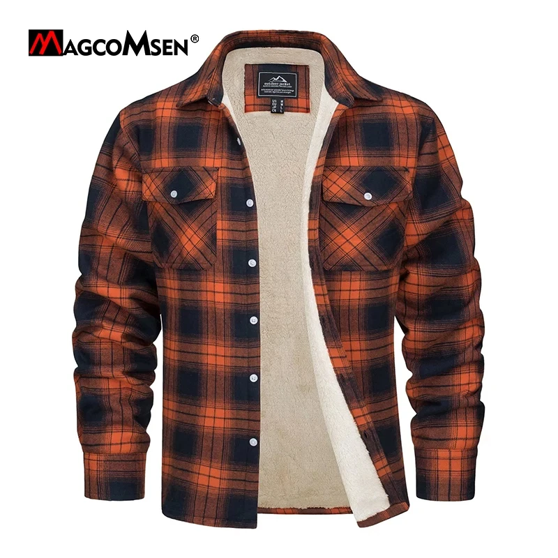 MAGCOMSEN Giacca da camicia in flanella scozzese in pile da uomo con bottoni Giacca in cotone casual Addensare caldo cappotto da lavoro primaverile Capispalla Sherpa 1