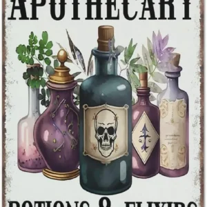 Insegna decorativa per boticario delle streghe, popazioni; Elixirs, regali Divertente targa in metallo Poster Wall Art per cucina Giardino Bagno Fattoria Casa Co 1