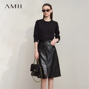 AMII Cardigan da donna 2025 Autunno Nuovo dritto Solido Abbigliamento da donna Semplice O-Collo Casual Versatile Cardigan di lana Donna 12523107 1