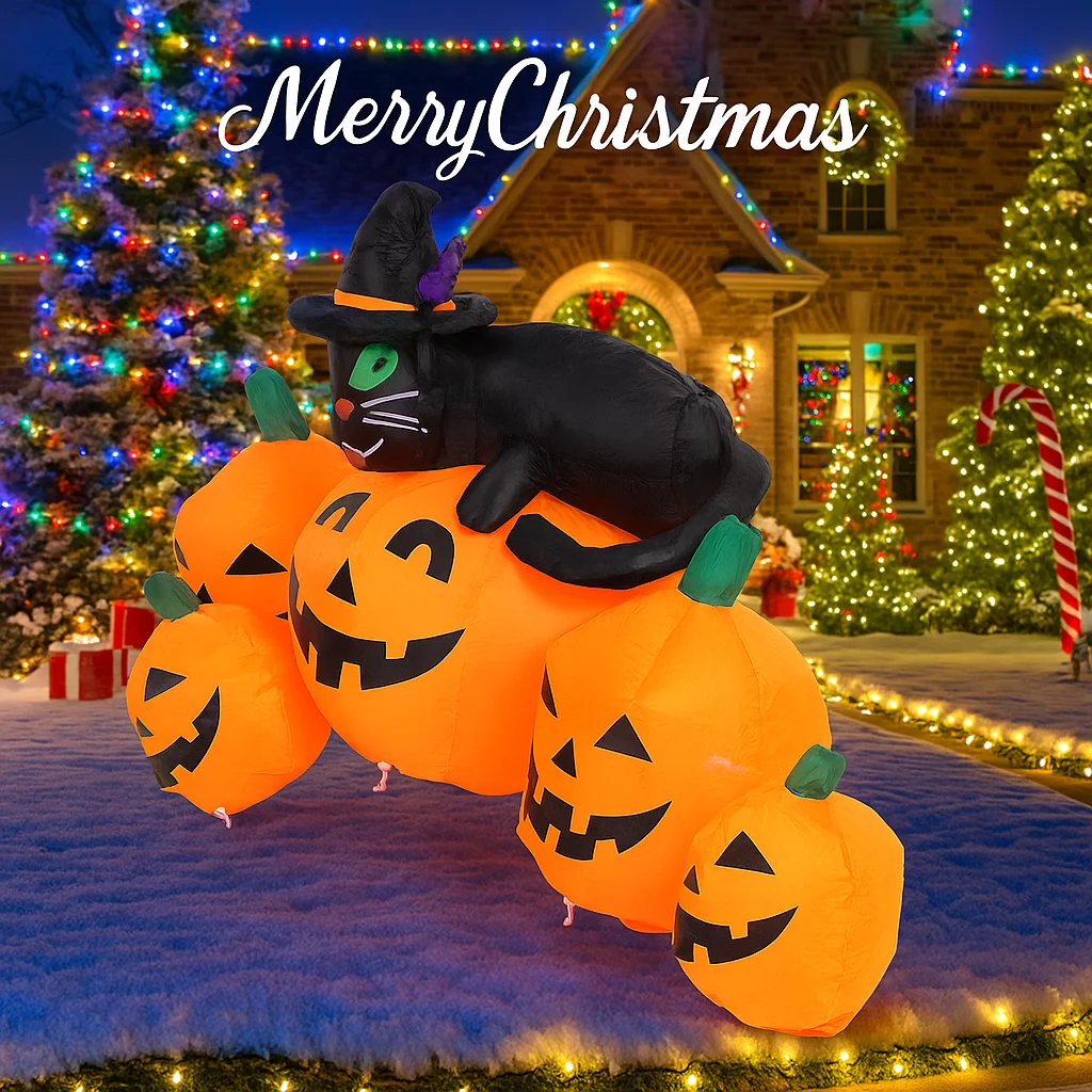 4,92FT Giocattolo gonfiabile di Halloween Zucca gatto nero con luci a LED Ornamenti da giardino Decorazione per feste da prato Forniture per la casa Ornamenti 3