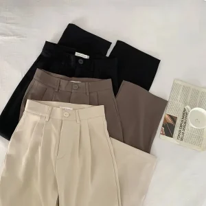 Pantaloni da abito da donna a vita alta Pantaloni da ufficio dritti da donna alla moda coreana Pantaloni neri femminili larghi con bottoni casual Nuovo 2024 1