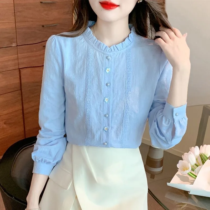 Ricamo Donna Primavera Autunno Camicette Camicie Lady Casual Manica lunga Colletto alla coreana Tinta unita Blusas Top DF4774 5